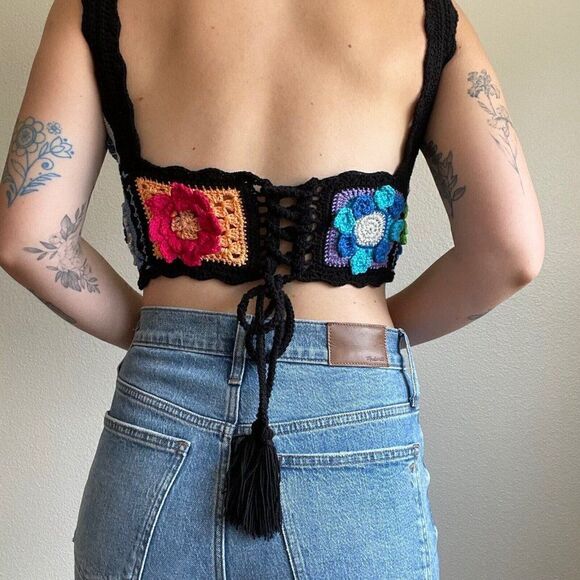 Maridruna Handmade Knit Festival Rainbow Multicolor Hippie Crochet Crop Top Sz M - Picture 10 of 10